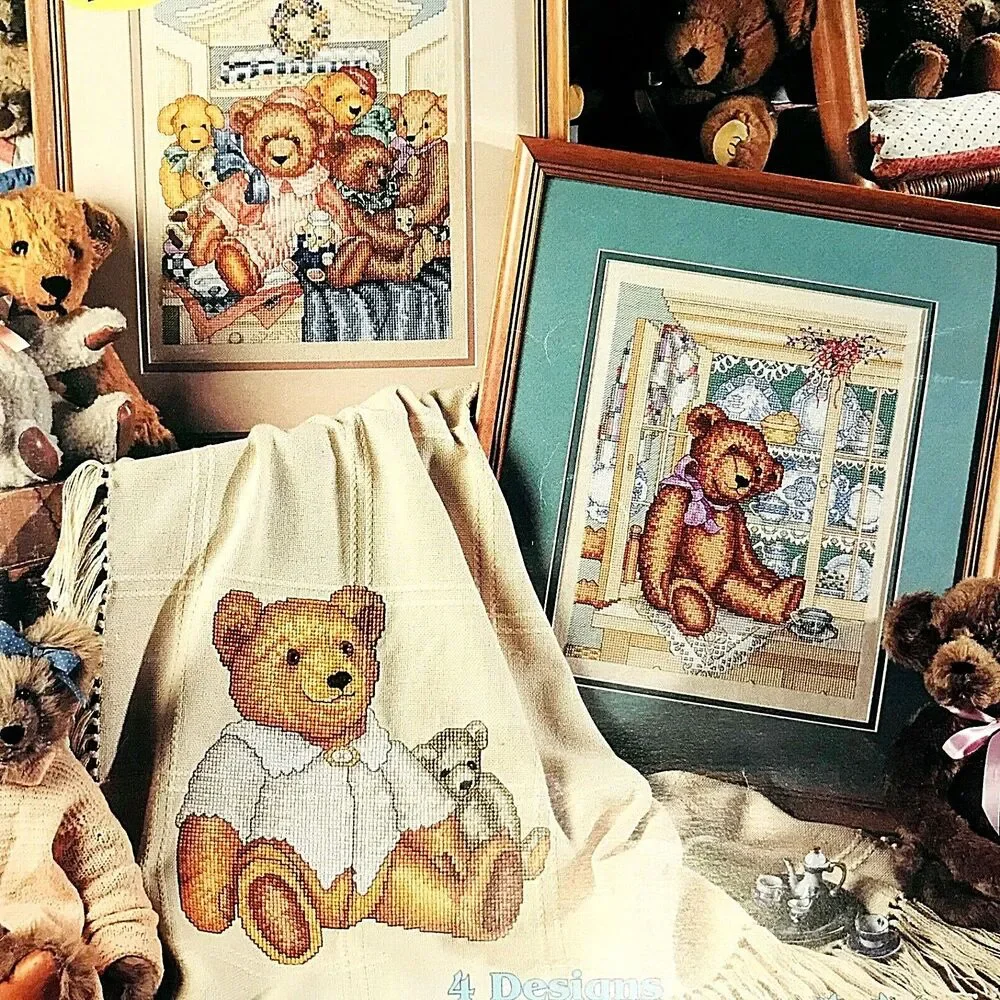 Cross Stitch (2) Vtg Pattern Books Bear Crossing Treasured Teddies  Alma Leisure